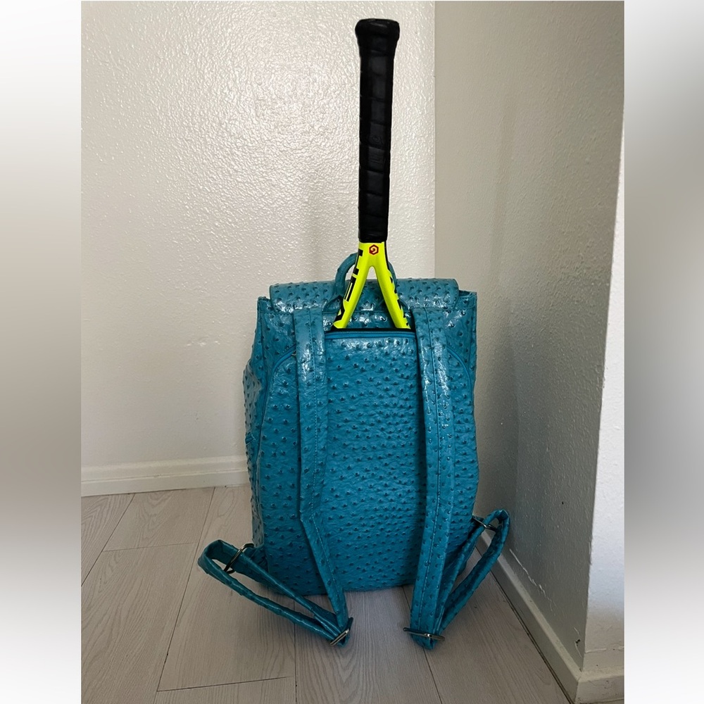 RARE! TENNIS BACKPACK in VEGAN LEATHER (Ostrich). Turquoise Blue! Textured! - Picture 4 of 6